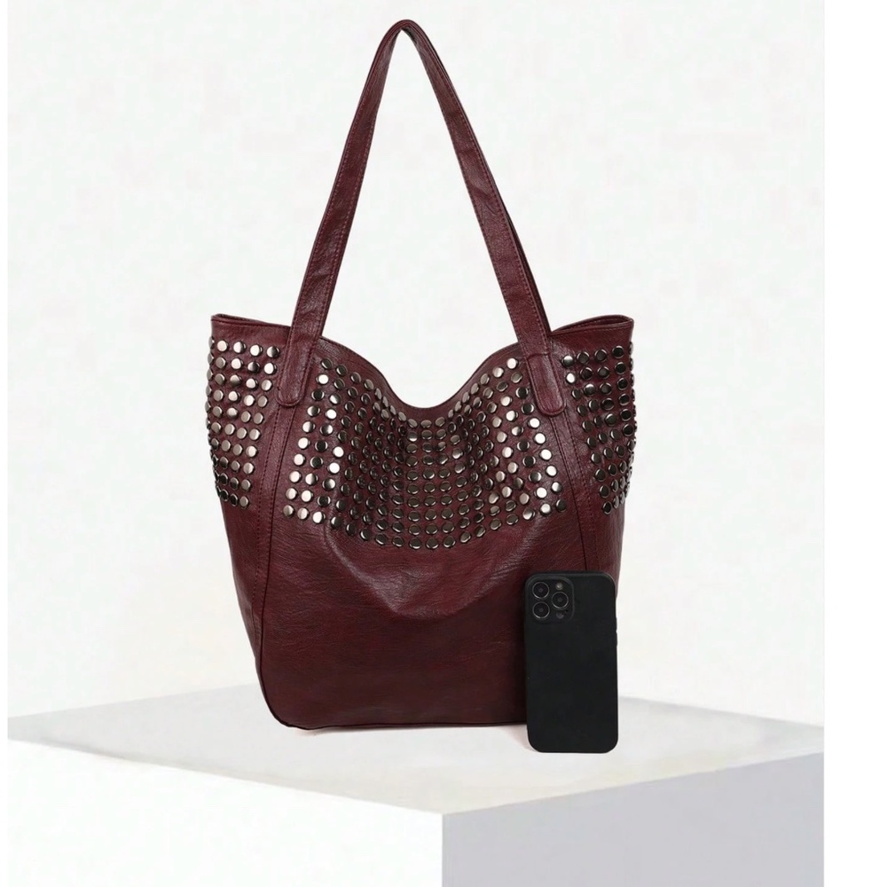 Burgundy Vegan Leather Studded Tote Bag - Picture 5 of 6